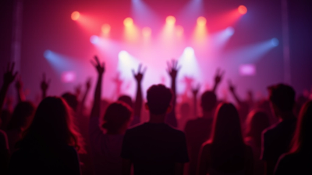 Grupp sõpru kontserdil, käed tõstetud, rõõmsad nägud, kontserdi suur lava taustaks, hea valgus