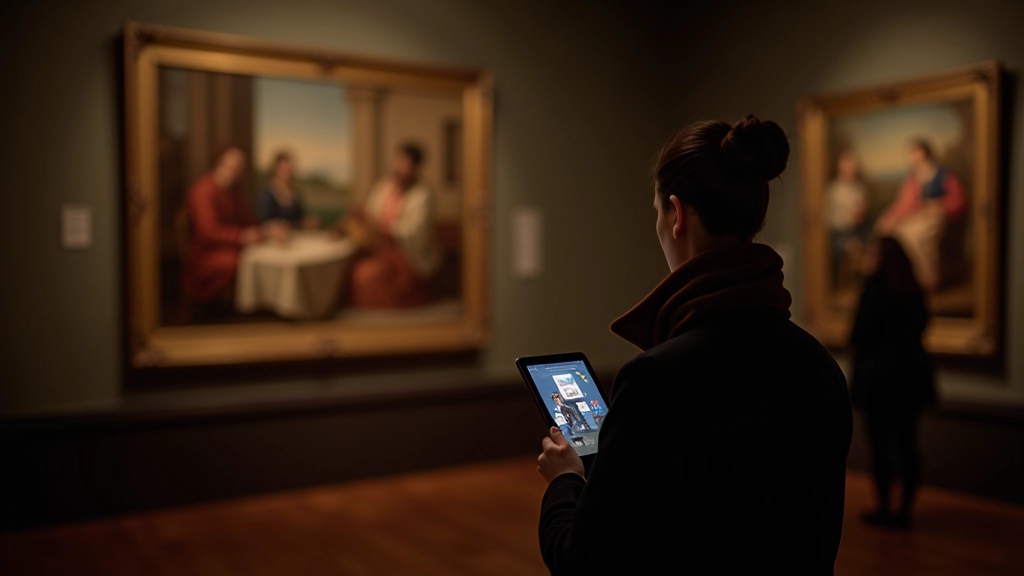 Muuseumisaalis külastaja tableti ees, kunstiteosed seinal, vanamuusika helid