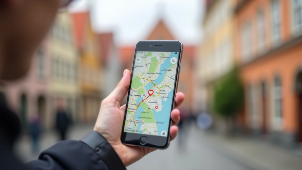 Mobiiltelefon käes, kuhu kuvatud digimarsruudi kaart Tartu vanalinnas, keskkond ajaloolist arhitektuuri
