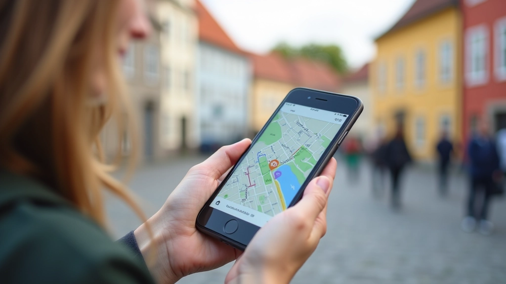 Mobiiltelefon käes, kuhu kuvatud digimarsruudi kaart Tartu vanalinnas, keskkond ajaloolist arhitektuuri