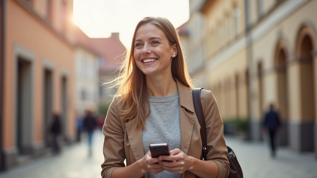 Naine jalutab Tartu vanalinnas, telefon käes, õnnelik nägu, kaunis vanalinn taustaks